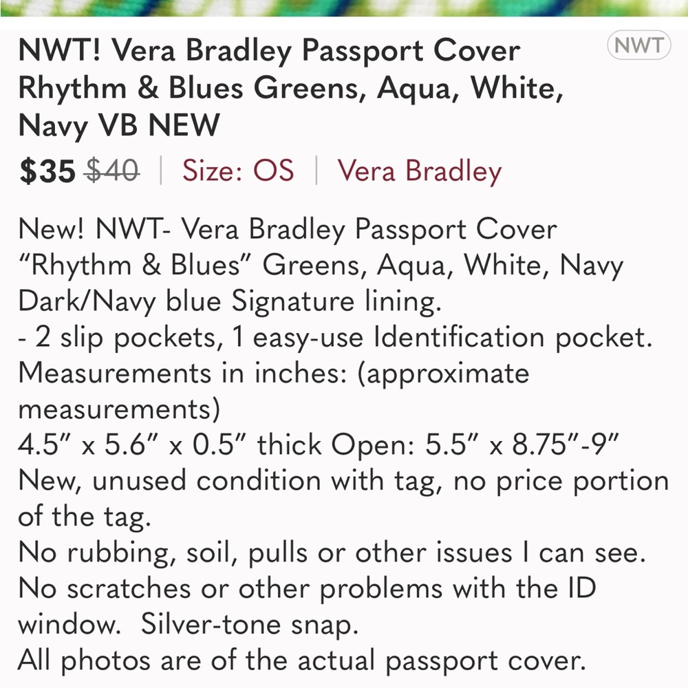 NWT Vera Bradley Passport ID Cover Rhythm & Blues Greens Aqua White Navy - Picture 3 of 16